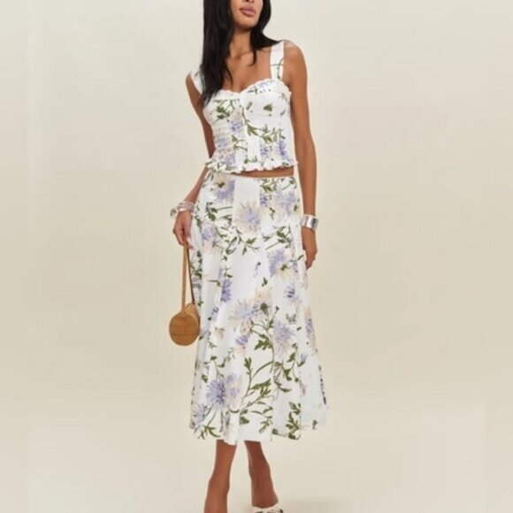 NEW Reformation Anatolia Linen Corset Two Piece Serenity White Floral US 4 UK 8 - Picture 1 of 15
